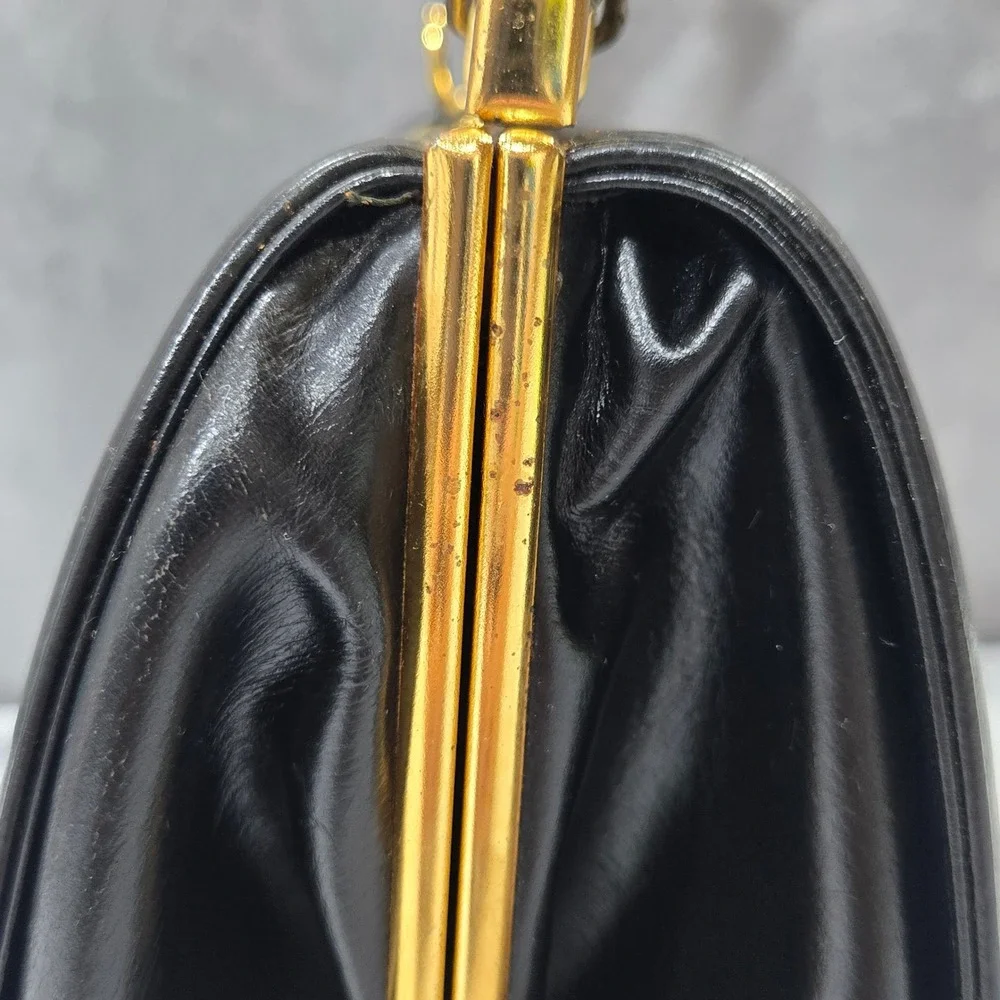 VTg 50s 60s Black Leather Kelly Frame Handbag Top Handle Purse Canada Mad Men